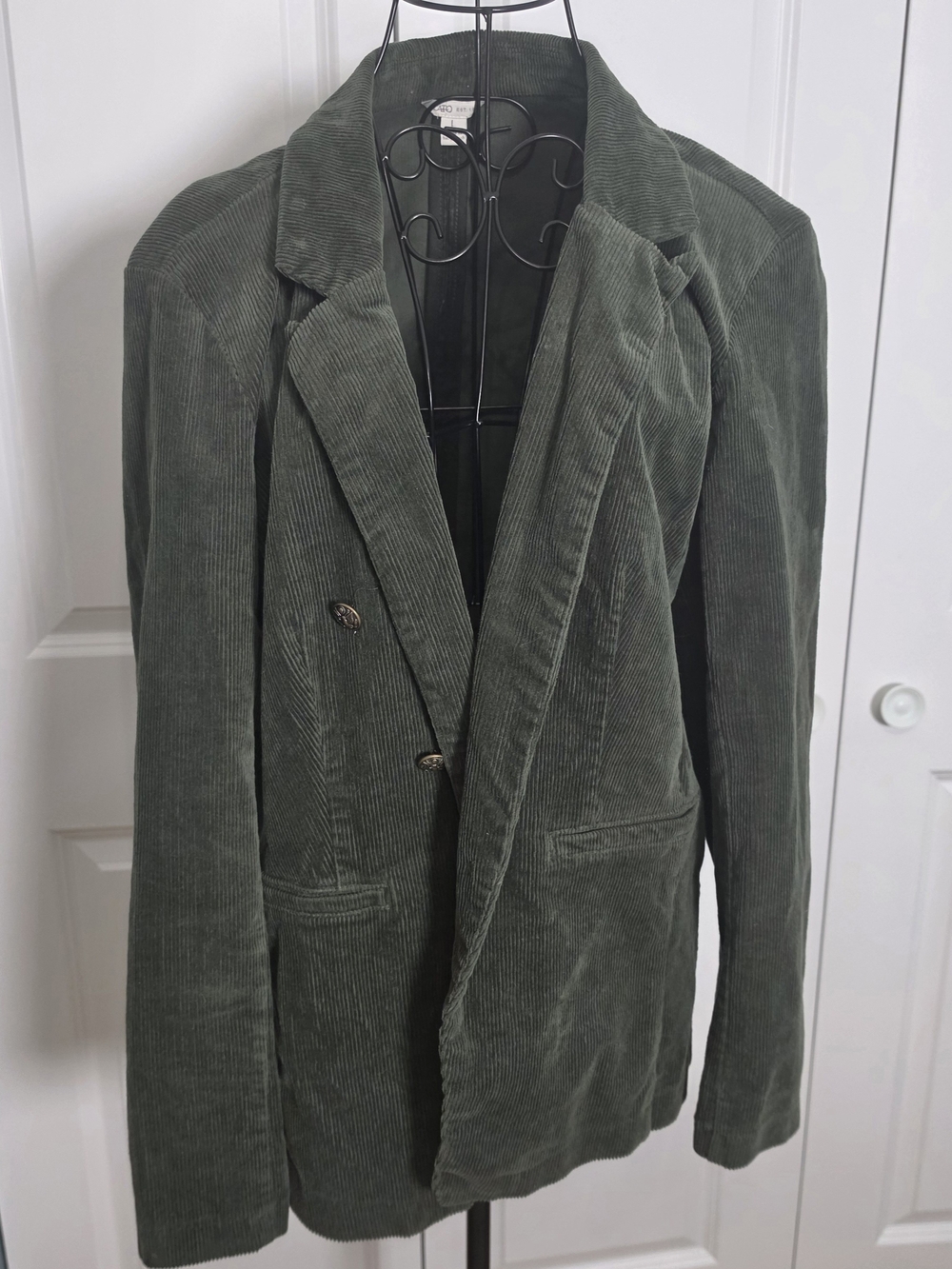 Cato Womens L Olive Green Corduroy Blazer Double Breasted Brass Buttons Academia